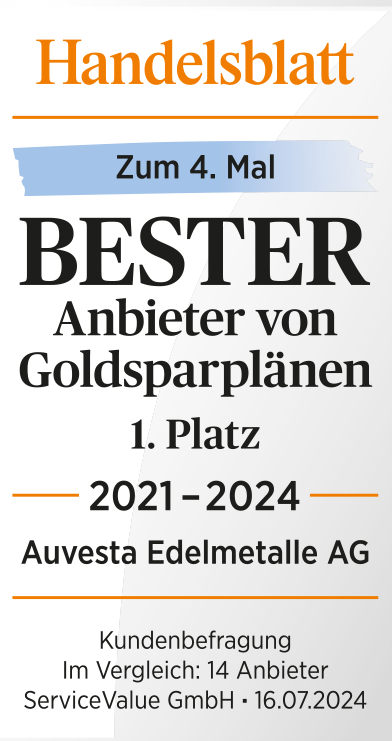 Auvesta honored as the best provider of gold savings plans by the Handelsblatt 