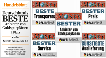 Auvesta отмечена журналом Focus Money - Лучшая цена - Лучшие условия хранения - 
Лучший сервис - Лучшая прозрачность - Лучший продавец золотых слитков
